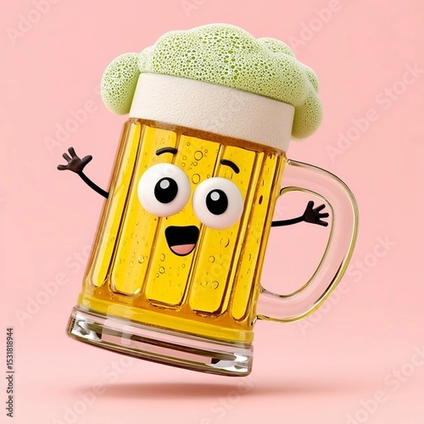 Obraz Cheerful Cartoon Beer Mug with Fuzzy Hat on Pink Background