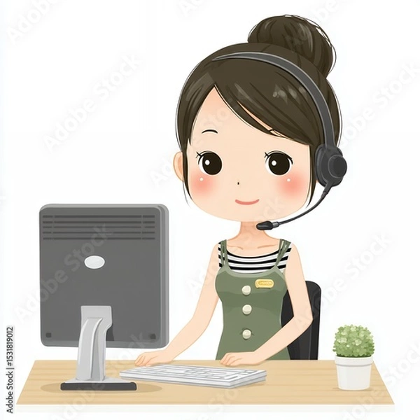 Obraz Cheerful Cartoon Customer Service Representative at Desk