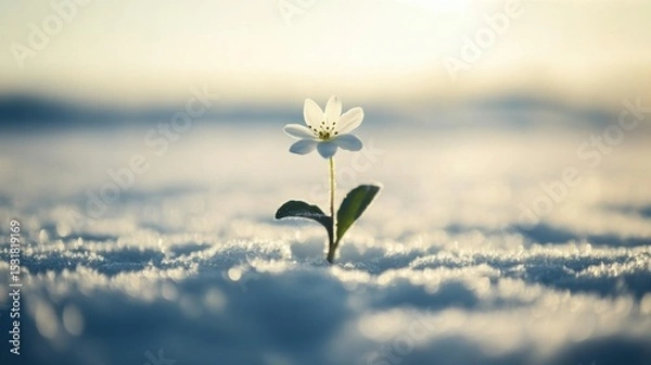 Obraz A single flower blooming in a field of snow, symbolizing growth and resilience in an unforgiving environment, 