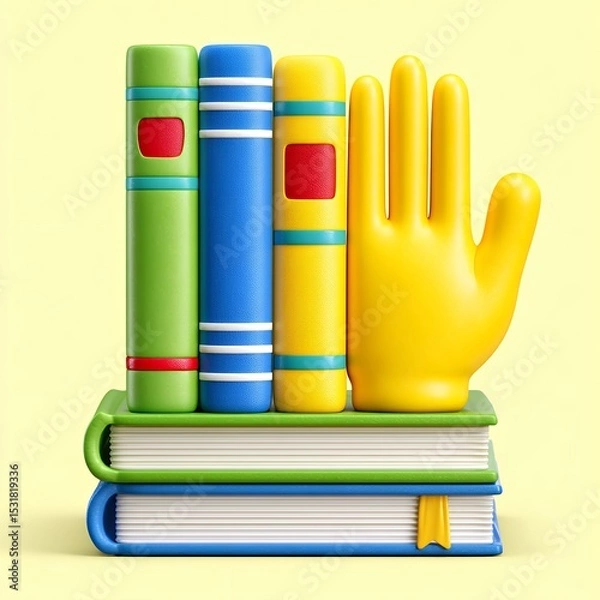 Obraz Colorful Books and Playful Yellow Hand on Pale Yellow Background