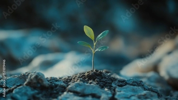 Obraz A small plant growing through cracked, dry earth, representing perseverance in a harsh environment, 