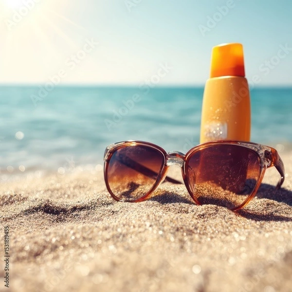 Fototapeta A pair of sunglasses and sunscreen bottle resting on the sand next to the water, perfect for a sunny day.