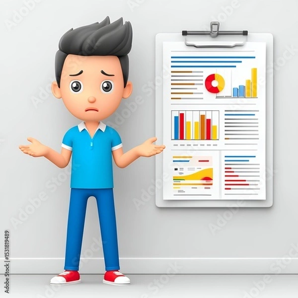 Obraz Confused Cartoon Boy Reviewing Data Charts