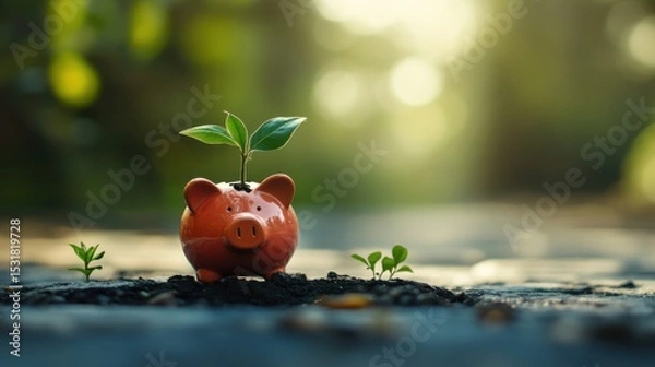 Obraz A small plant sprouting from a cracked piggy bank, symbolizing the resilience of financial investments 