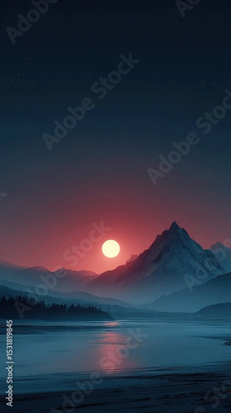 Fototapeta Red sun sets behind snowy mountain peak, tranquil lake reflects serene winter landscape