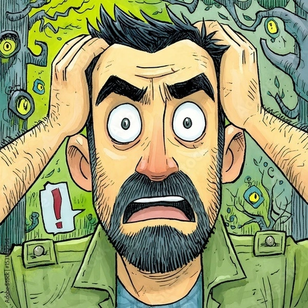 Obraz Distressed Man in Surreal Green Foliage Illustration