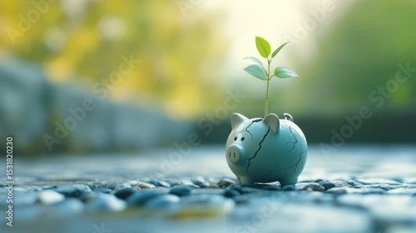 Obraz A small plant sprouting from a cracked piggy bank, symbolizing the resilience of financial investments 