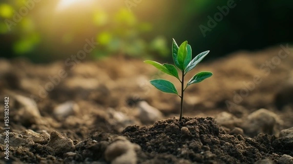Obraz A small, vibrant plant pushing through rocky, barren soil, symbolizing the strength of hope and resilience, on blur background