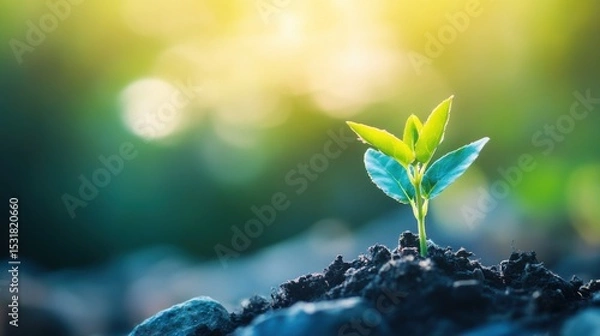 Obraz A small, vibrant plant pushing through rocky, barren soil, symbolizing the strength of hope and resilience, on blur background