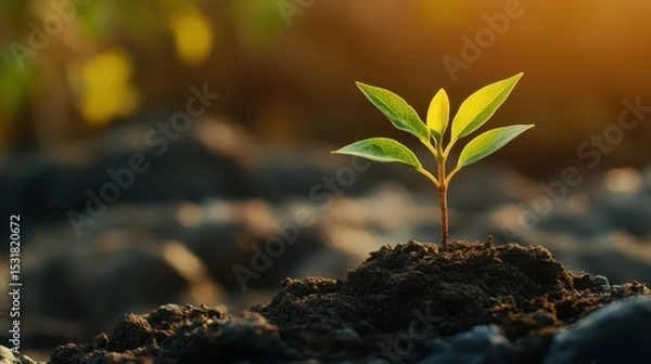 Obraz A small, vibrant plant pushing through rocky, barren soil, symbolizing the strength of hope and resilience, on blur background