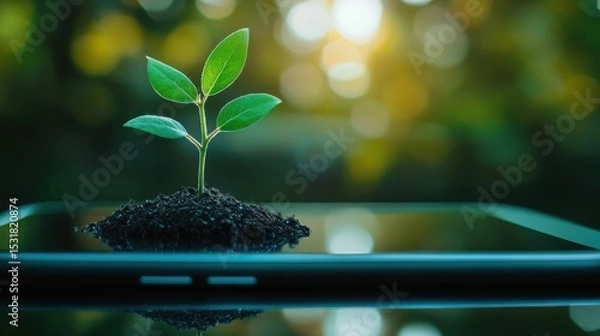 Obraz A smartphone screen with a growing plant emerging from it, symbolizing the link between technology 
