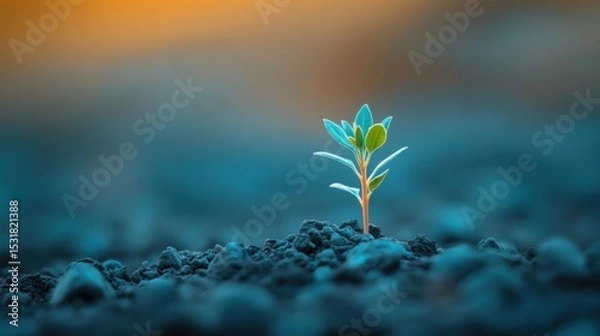 Obraz A small, vibrant plant pushing through rocky, barren soil, symbolizing the strength of hope and resilience, on blur background