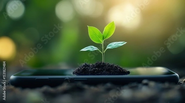 Obraz A smartphone screen with a growing plant emerging from it, symbolizing the link between technology 