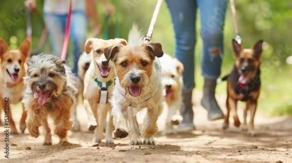 Fototapeta Dog Walkers: A Pack of Happy Dogs on a Sunny Trail