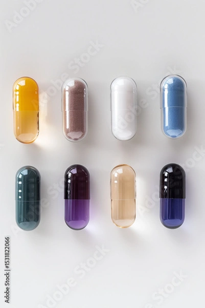 Fototapeta  Close-up studio shot of colorful pills and capsules on white background