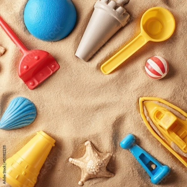 Fototapeta Neatly arranged beach toys waiting to be played with, adding a fun and colorful touch to the beach.