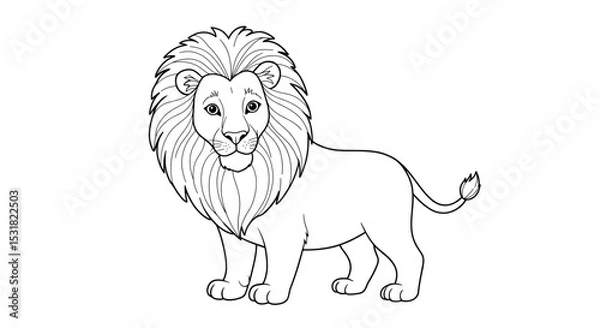 Fototapeta Majestic lion with a beautiful mane stands confidently in a black and white line drawing style illustration for wildlife projects