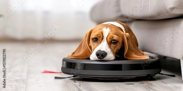 Fototapeta Beagle Riding a Robot Vacuum Cleaner