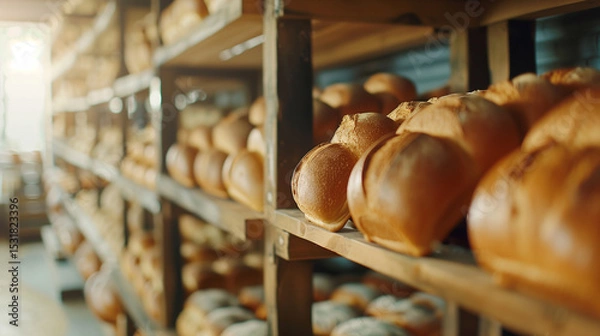 Fototapeta  Close-up of various fresh breads displayed artistically on bakery shelves