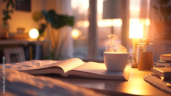 Fototapeta  Cozy evening ritual with open book, steaming tea, and warm lamp on bedside table