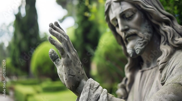 Fototapeta  Close-up low angle view of a bronze statue of Jesus Christ with raised hand