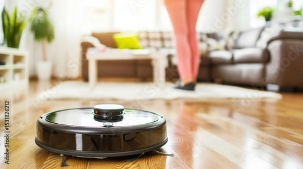 Fototapeta Robotic Vacuum Cleaning Living Room with Person in Background