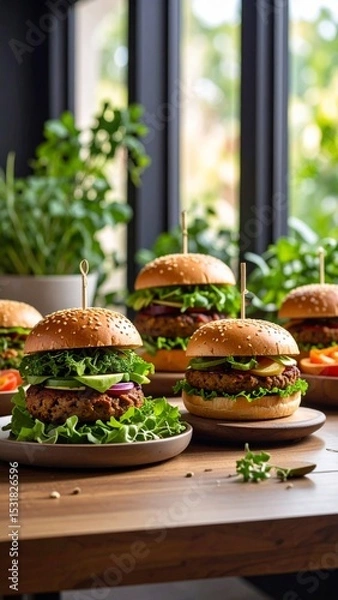 Fototapeta Healthy but still appetizing dishe such as vegan burgers