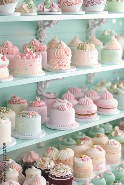 Fototapeta  Delightful display of beautiful cakes decorated on shelves in a pastry shop