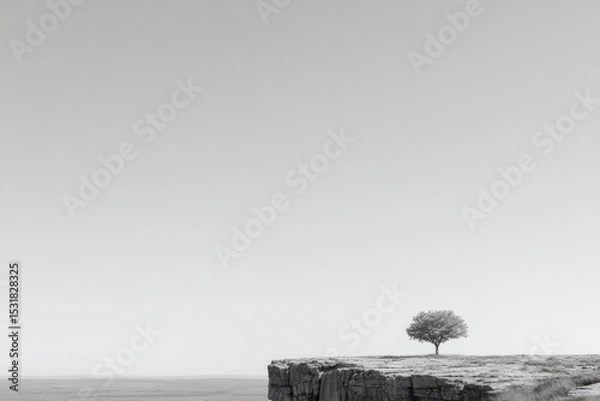 Fototapeta minimalist photograph of rugged cliff with solitary tree standing at edge surrounded by clear sky