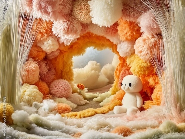 Fototapeta Dreamy landscape with fluffy clouds and a cute plush toy, a whimsical wonderland