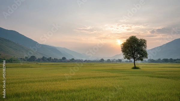 Fototapeta serene sunset over rice terraces in vietnam featuring soft natural light and solitary object on right side