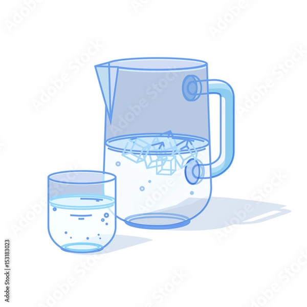 Fototapeta Glass & pitcher of water with ice as colored line art