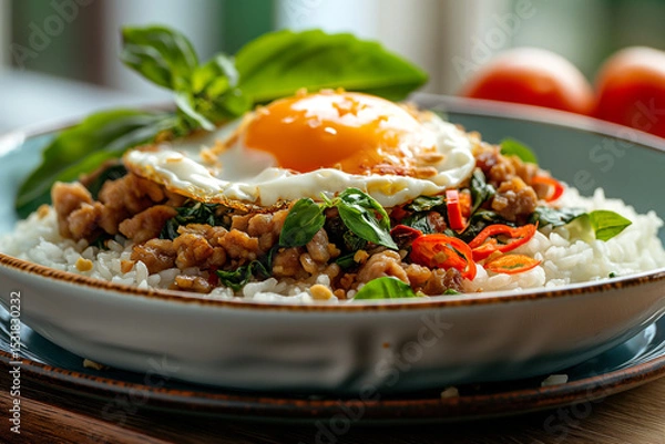 Fototapeta Pork and fried egg with basil on rice