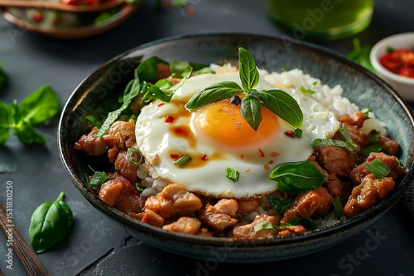 Fototapeta Pork and fried egg with basil on rice