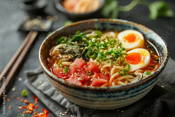 Fototapeta Spicy Ramen Bowl with Soft-Boiled Eggs and Toppings