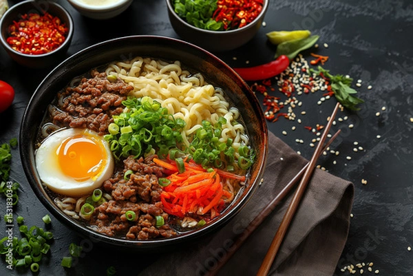 Fototapeta Spicy Ramen Bowl with Soft-Boiled Eggs and Toppings
