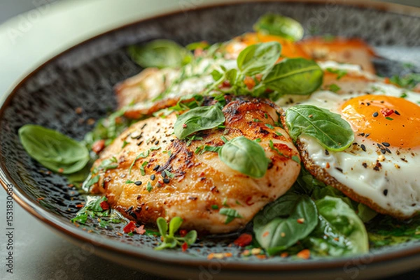 Fototapeta Grilled Chicken with Basil and Fried Egg