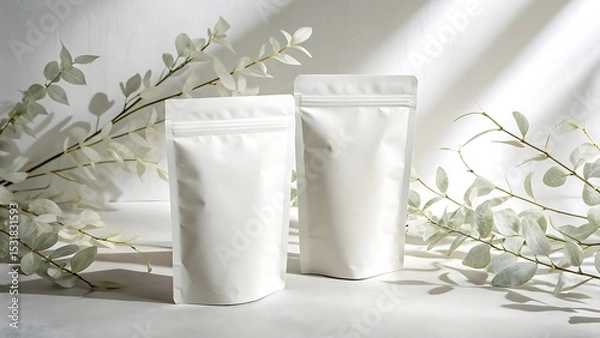 Fototapeta White packaging mockup with decorative foliage for product presentation and branding design