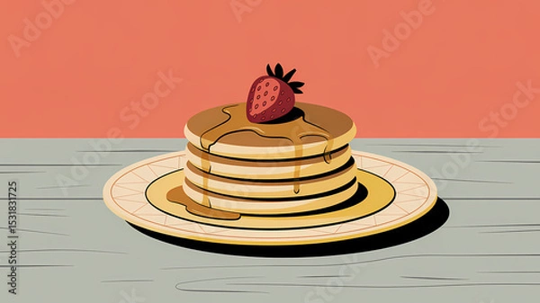 Fototapeta Flat Design Illustration of Golden Pancake Stack with Strawberry and Syrup on Yellow Plate with Coral Background and Linen Napkin