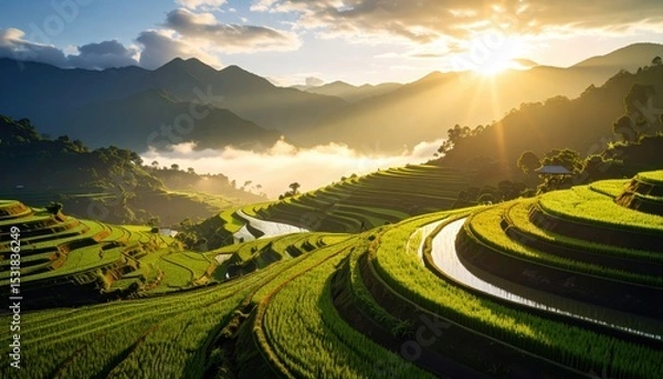 Fototapeta Breathtaking panoramic view of lush green terraced rice fields at sunrise in mountainous region