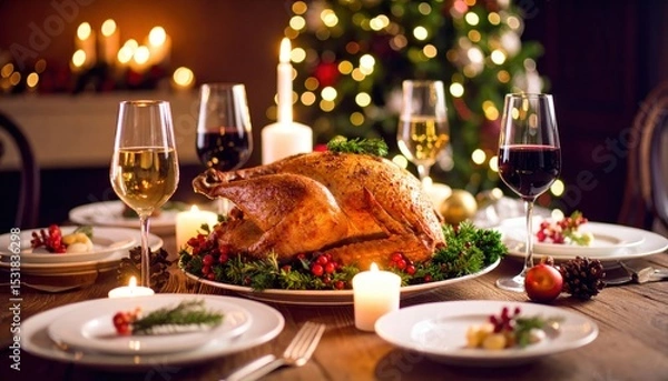 Fototapeta Festive Christmas Dinner Table Setting Featu Roasted Turkey and Holiday Decor