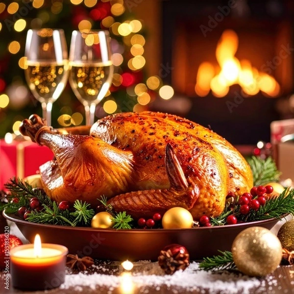 Fototapeta Festive holiday roast turkey with stuffing and side candles for celebration