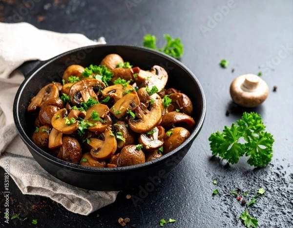Fototapeta Delicious saut?ed mushrooms garnished with fresh parsley in a black bowl on dark surface