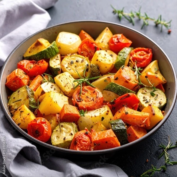 Fototapeta Colorful roasted vegetable medley in a black bowl with fresh herbs on gray background