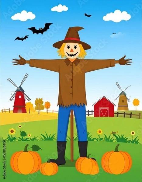 Fototapeta Cheerful Halloween scarecrow with pumpkins in field under blue sky
