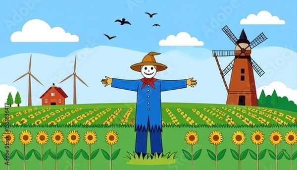 Fototapeta Colorful cartoon illustration of a smiling scarecrow in a bright sunflower field with wind turbines and barn under blue sky