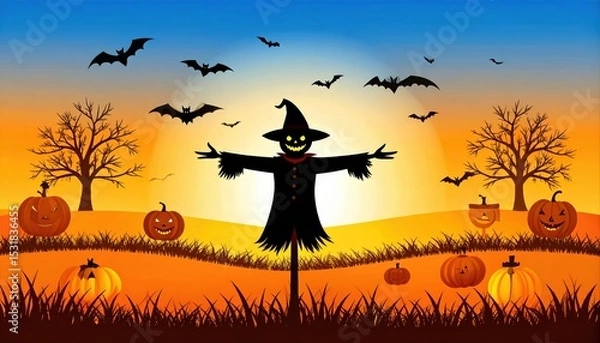 Fototapeta Spooky Halloween scene with witch scarecrow flying bats pumpkins and sunset sky
