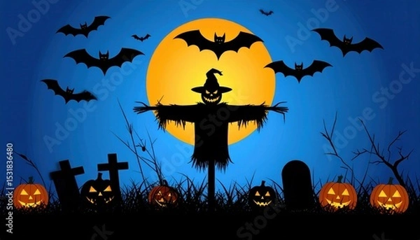 Fototapeta Spooky Halloween Night Scene with Full Moon Bats Witches and Jack-o-Lanterns