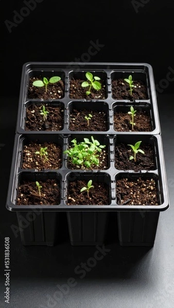 Fototapeta Indoor seedling starter tray with young green sprouting plants growing in soil