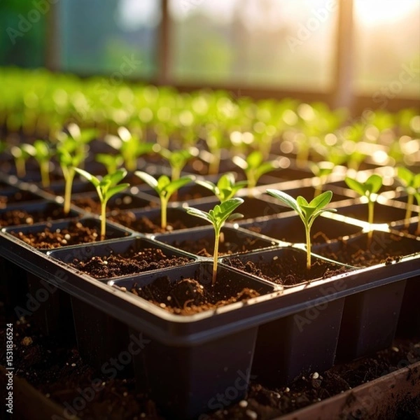 Fototapeta Early stage seedlings growing in nursery tray with vibrant green leaves and soil
